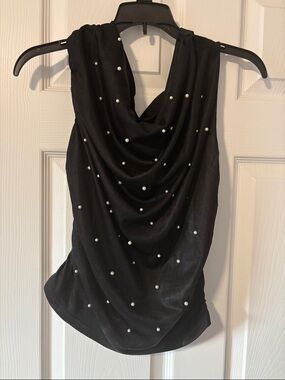 Pearl-Embellished Black Draped Camisole